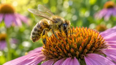 A worker honey bee gathering nectar on the orange center of a purple coneflower.