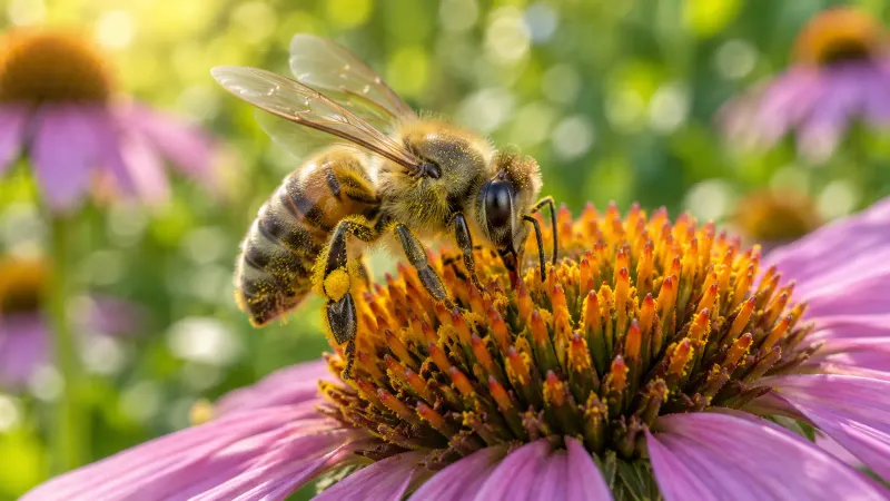 A worker honey bee gathering nectar on the orange center of a purple coneflower.