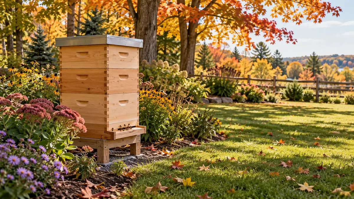 Illustrative wooden beehive in a spacious Ontario garden with autumn maple trees