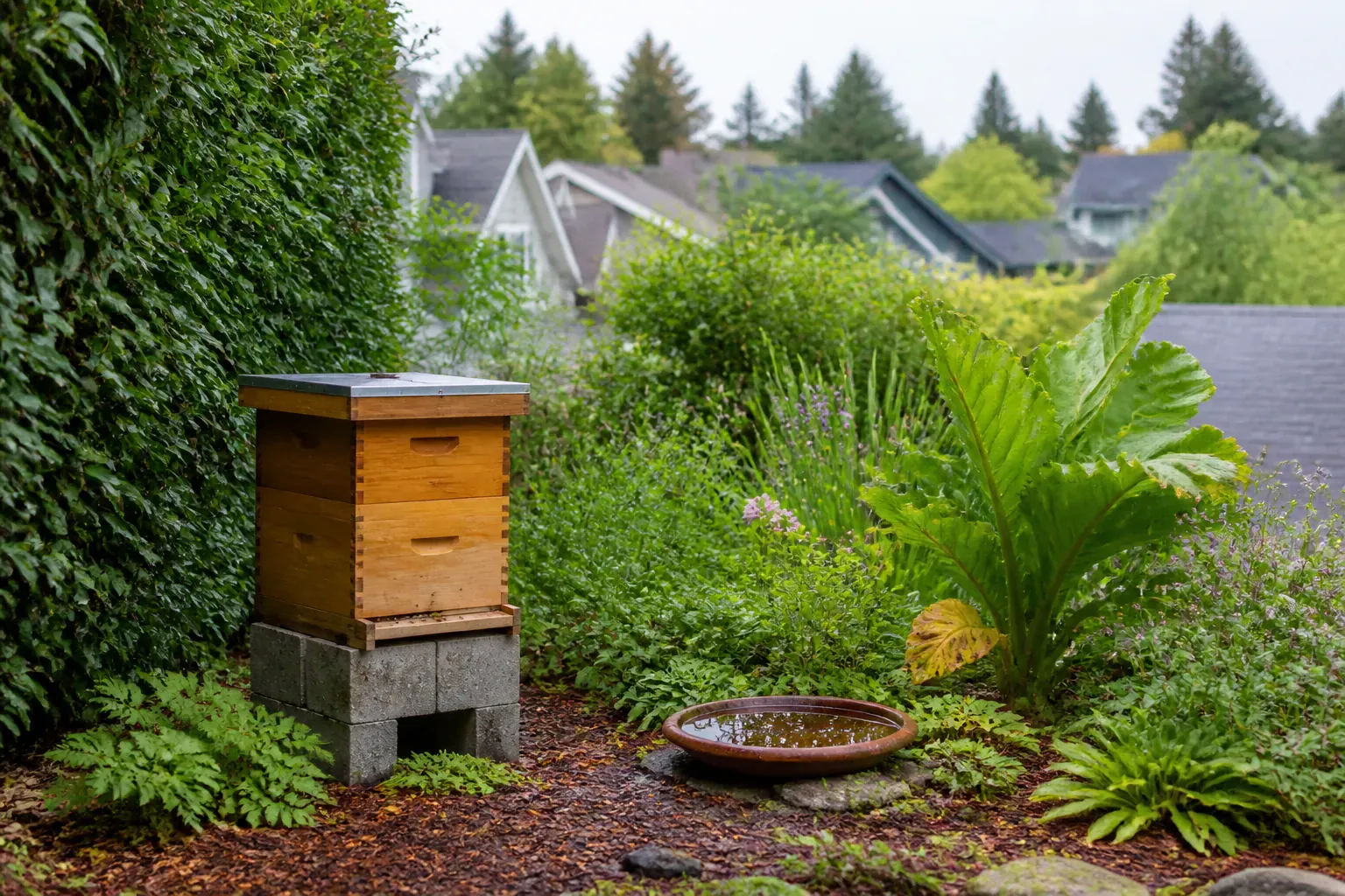 Illustrative Portland skyline with an urban apiary