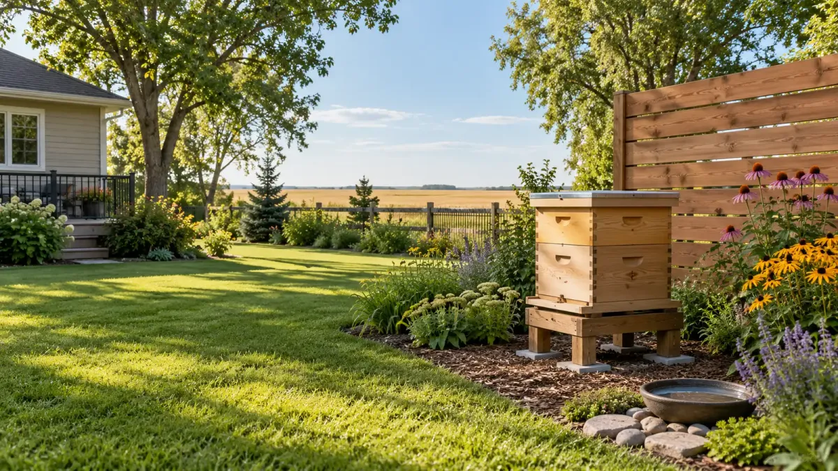 Illustration of a prairie backyard apiary with timber hives and flowering plants