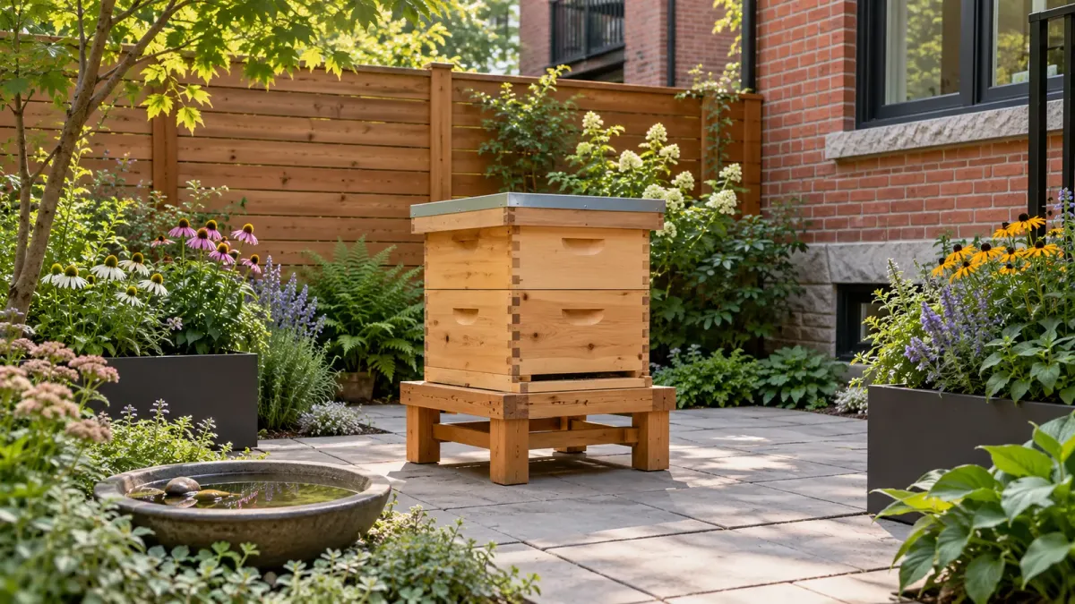 Illustration of closed timber beehives and a stone water dish in a Quebec courtyard