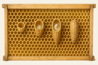 Beekeeper examining elongated queen cells on a brood frame