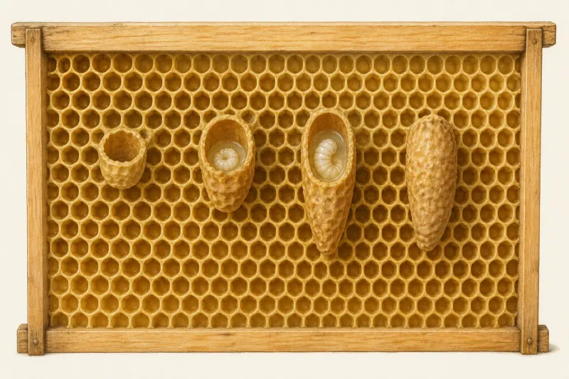 Beekeeper examining elongated queen cells on a brood frame