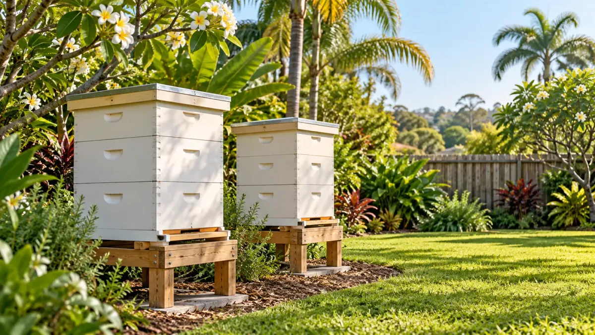 Illustration of a Queensland garden apiary with closed timber hives and lush plants