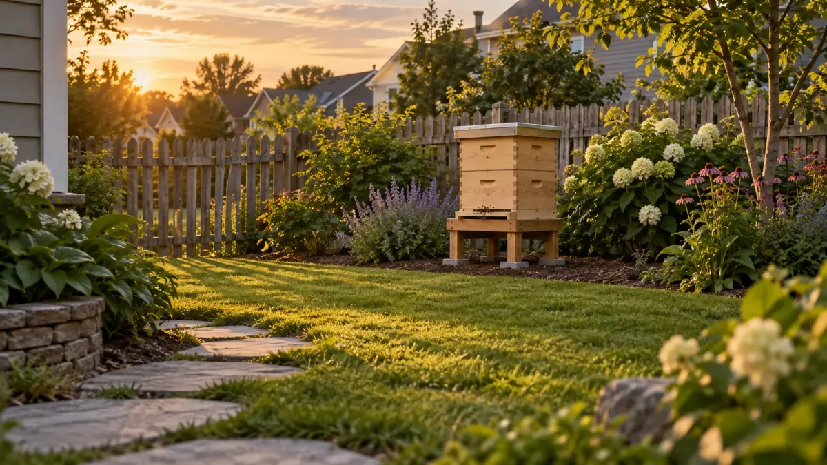 A wooden beehive on a low stand beside flowering shrubs in a suburban backyard.