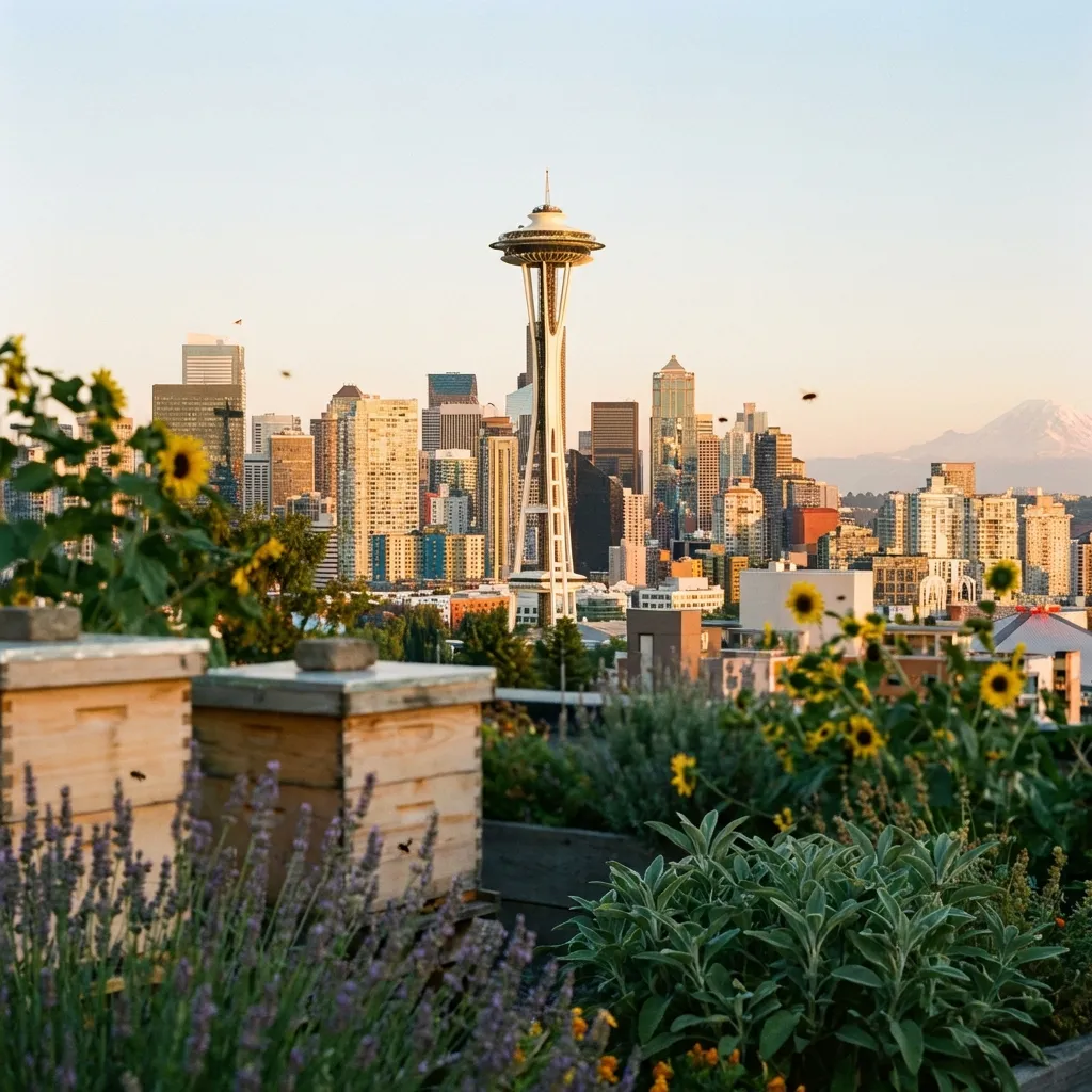 Seattle skyline with urban apiary