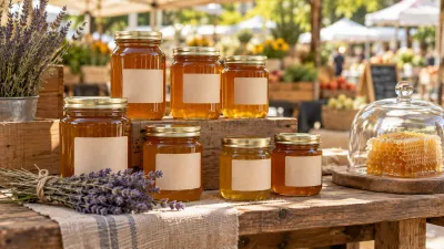 Closed jars of amber honey with blank labels on a wooden outdoor market display.