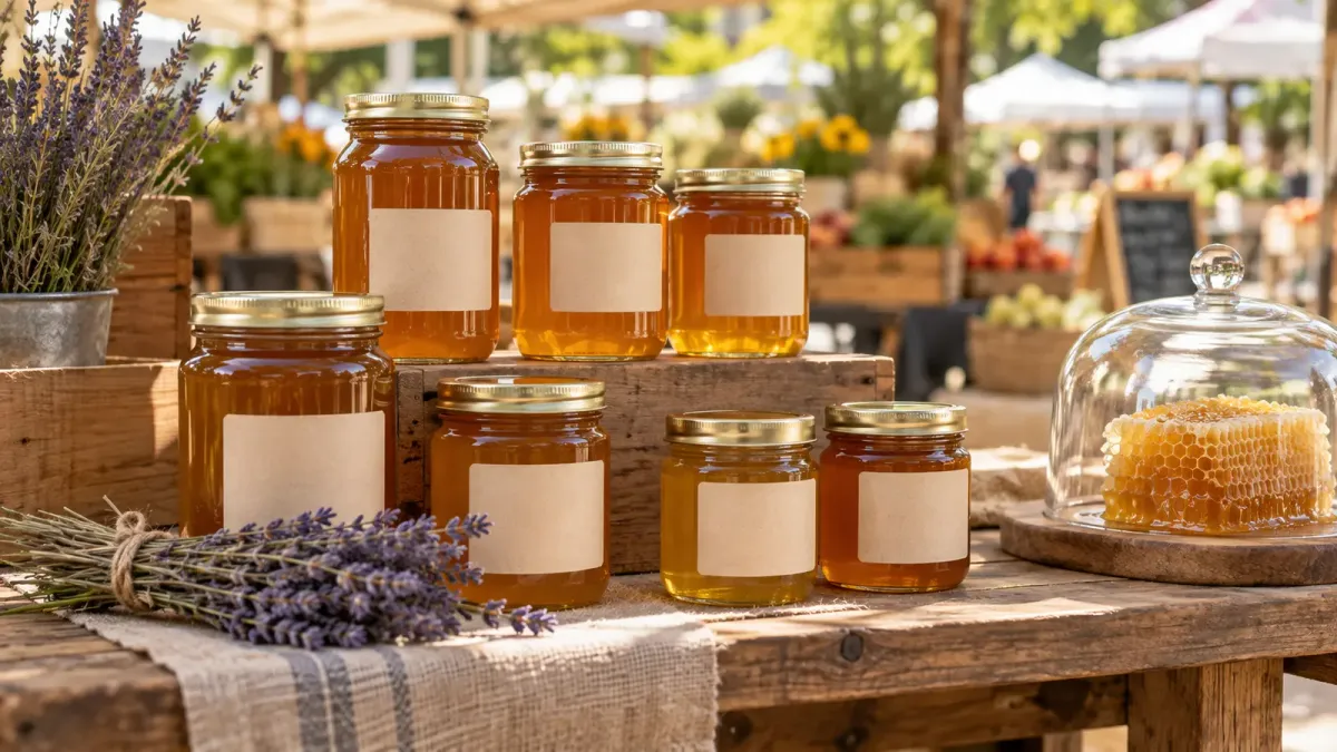 Closed jars of amber honey with blank labels on a wooden outdoor market display.