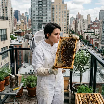 Beekeeper smelling a frame