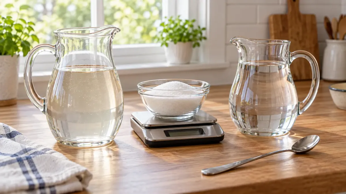 Illustrated kitchen setup with white sugar, a scale, water, and a glass syrup pitcher.