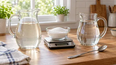 Illustrated kitchen setup with white sugar, a scale, water, and a glass syrup pitcher.