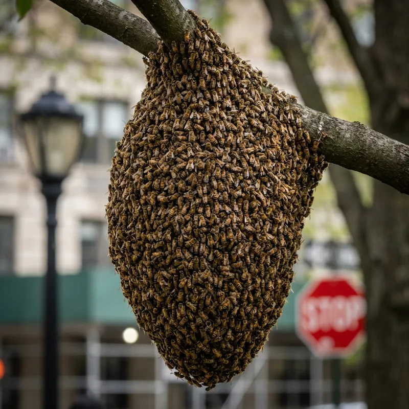 Cluster of bees hanging from a tree branch