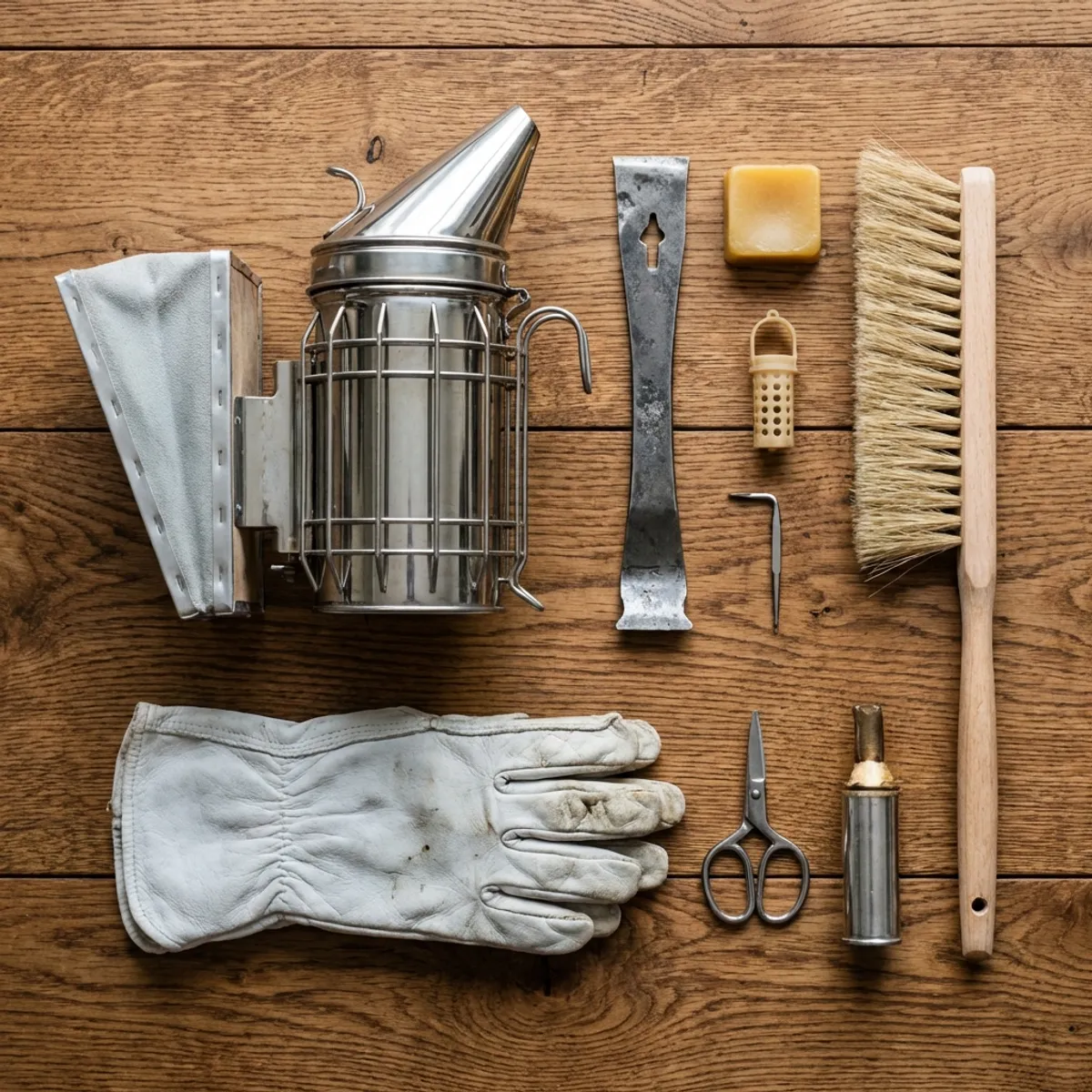 Flat lay of hive tool, smoker, and brush