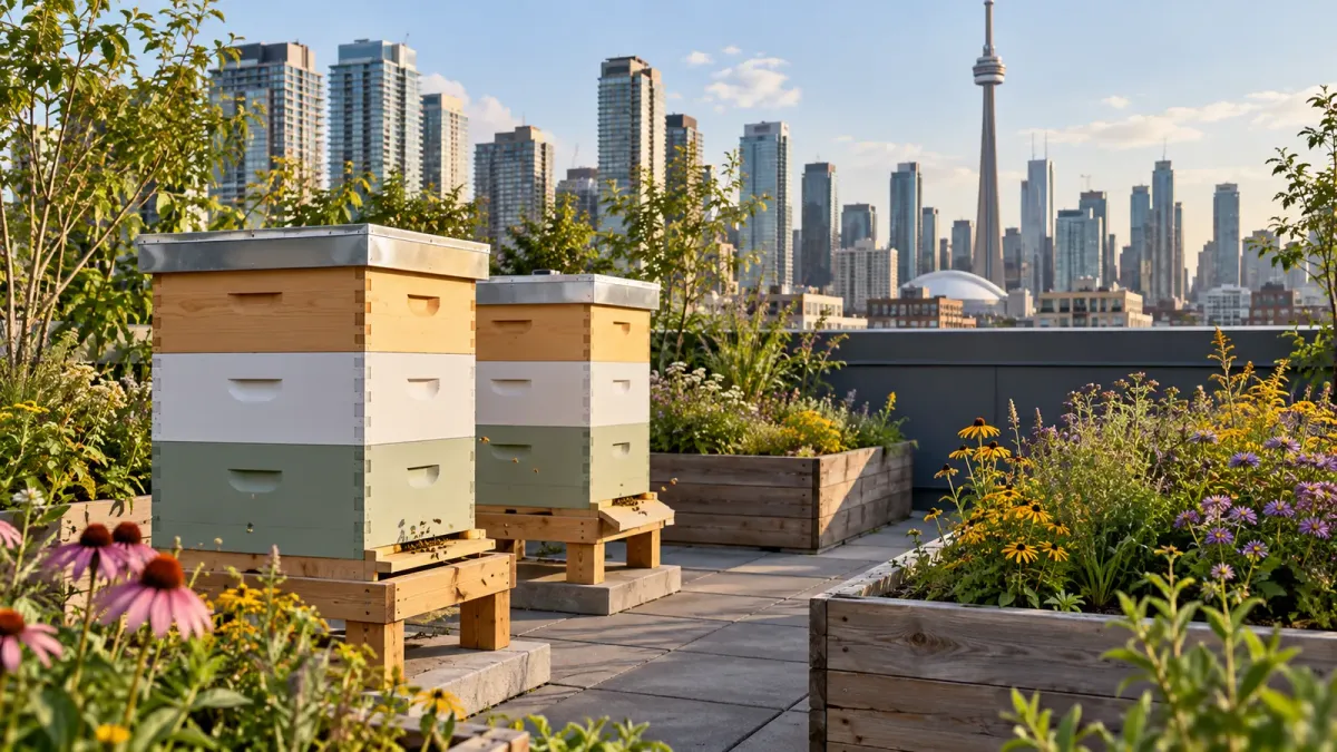 Illustrative rooftop beehives in a Toronto garden with the CN Tower in the background