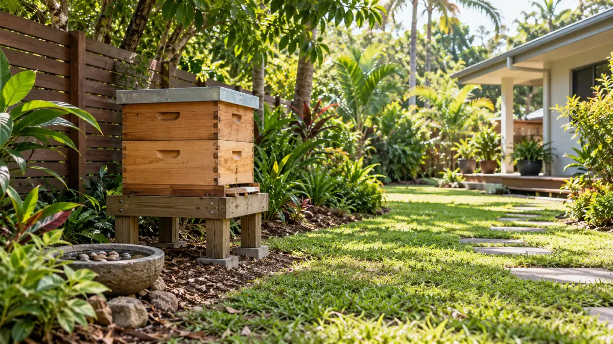 Illustration of a closed timber beehive and a water bowl in a tropical garden