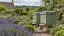 Illustration of a garden apiary with closed timber hives and flowering borders
