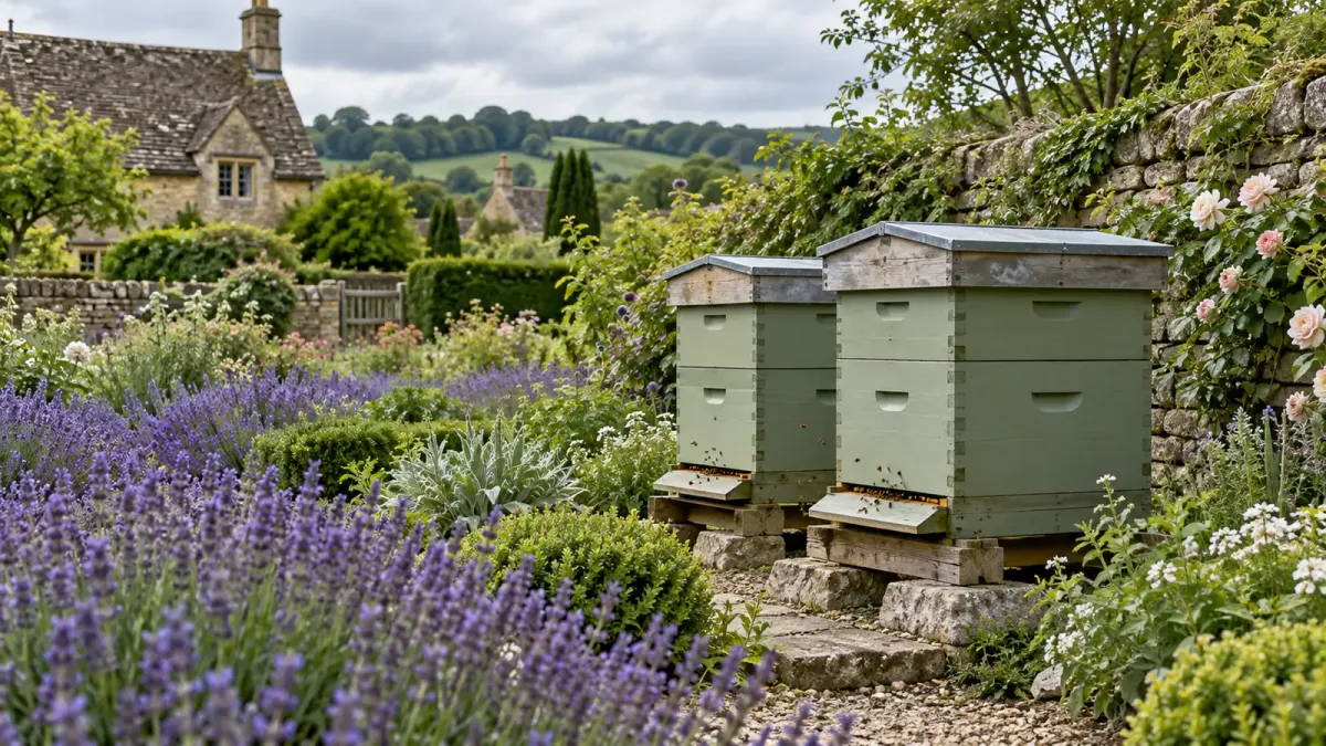Illustration of closed beehives in a green UK garden