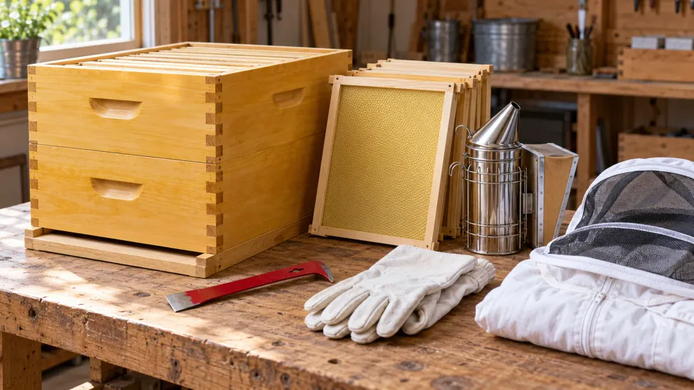Illustrative beekeeping starter equipment with a wooden hive, frames, smoker, veil, gloves, and hive tool on a workbench.