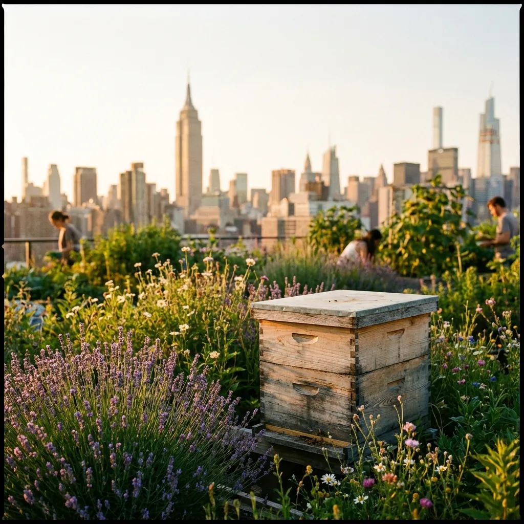 Rooftop beehives in a dense city neighborhood, similar to Boston apiary sites