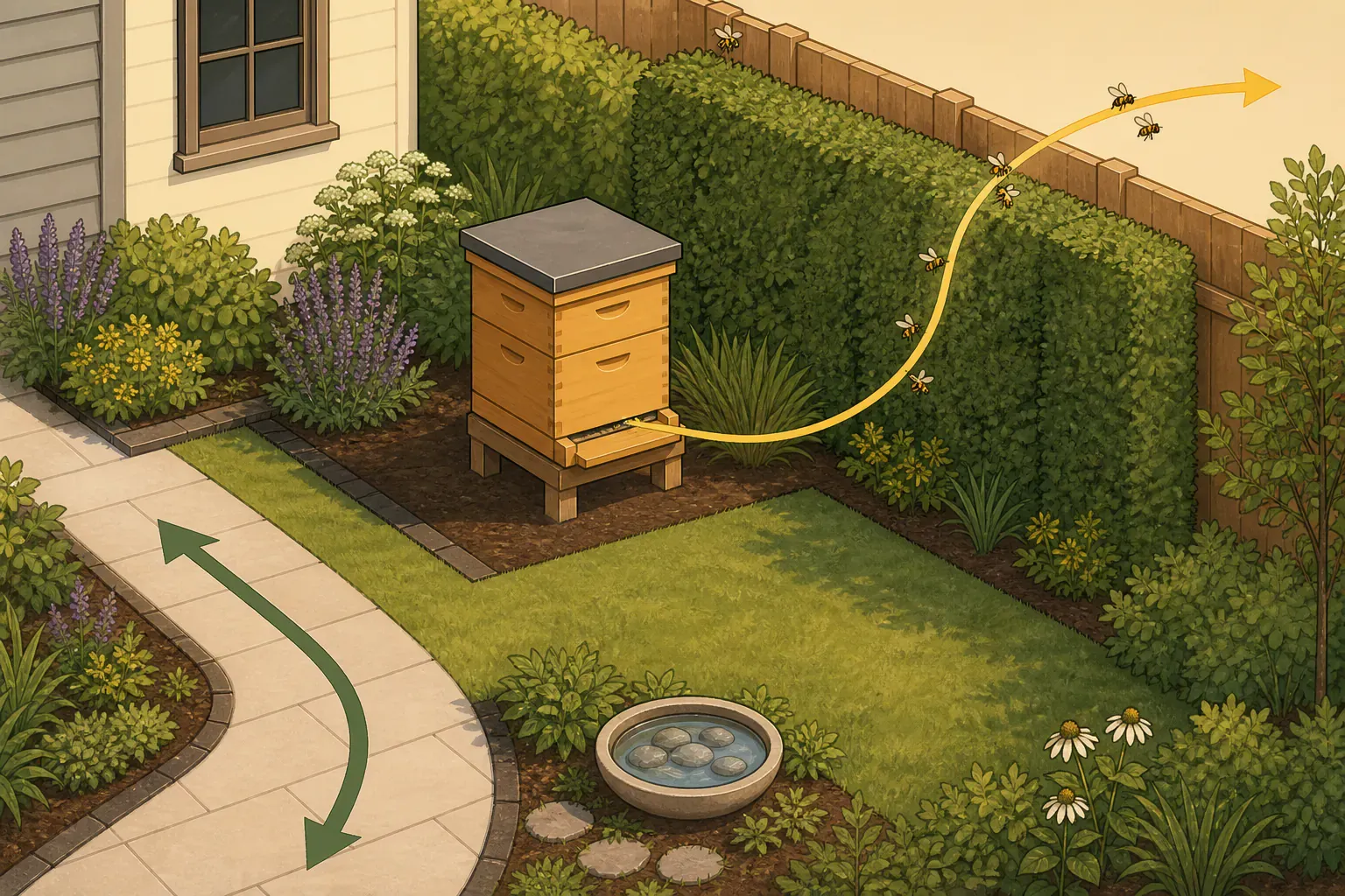 Urban bee flight path over row houses, similar to Washington, DC apiary settings