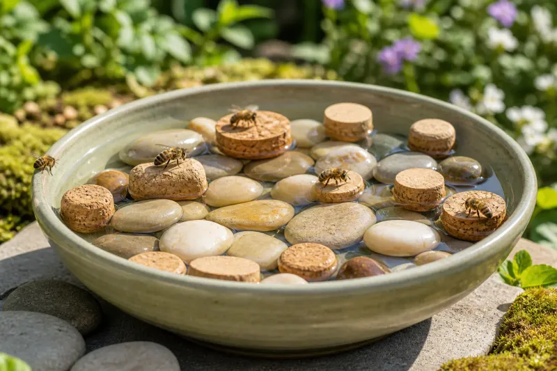 Honey bees landing safely on stones at a shallow urban water station