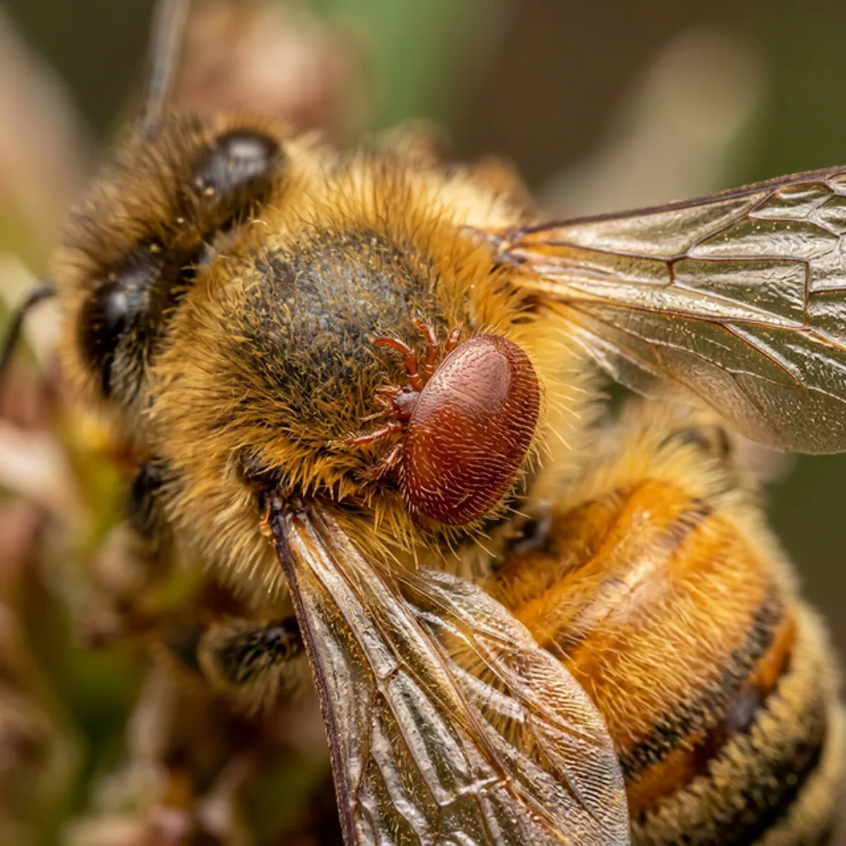Macro photograph of a varroa mite on a honey bee