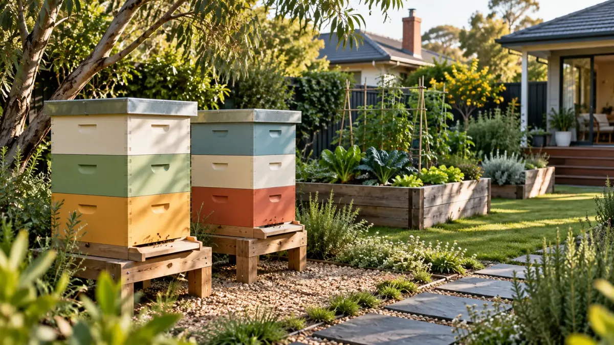 Illustration of a Melbourne style residential garden with closed wooden beehives