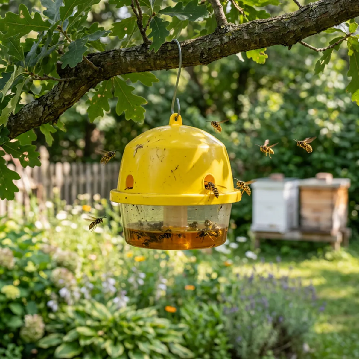 A yellowjacket wasp trap hanging in a backyard
