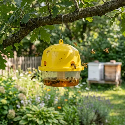A yellowjacket wasp trap hanging in a backyard