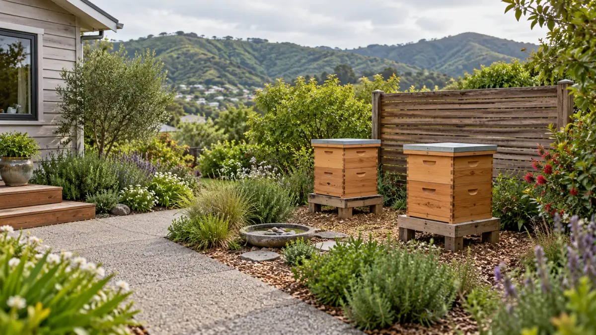Illustration of closed timber beehives in a sheltered Wellington hillside garden