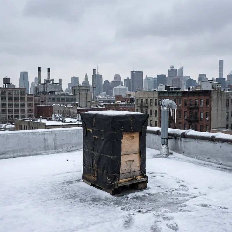 Beehive wrapped in black insulation in snow
