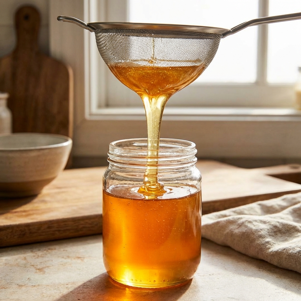 Gold honey flowing into a jar