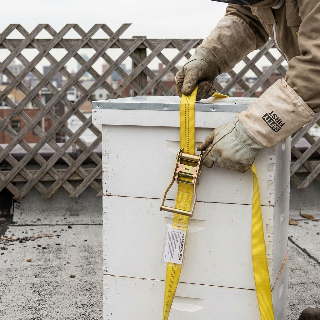 Beekeeper securing hive with straps