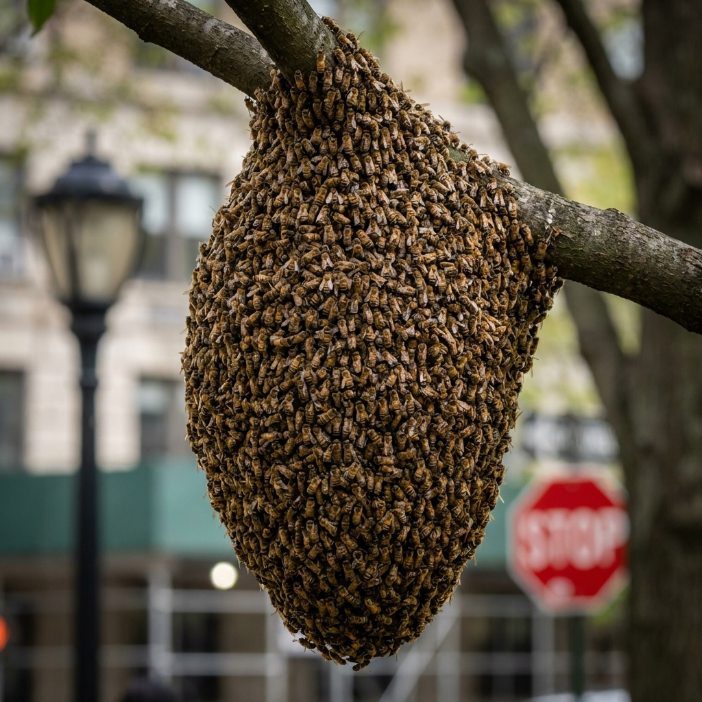 Cluster of bees hanging from a tree branch