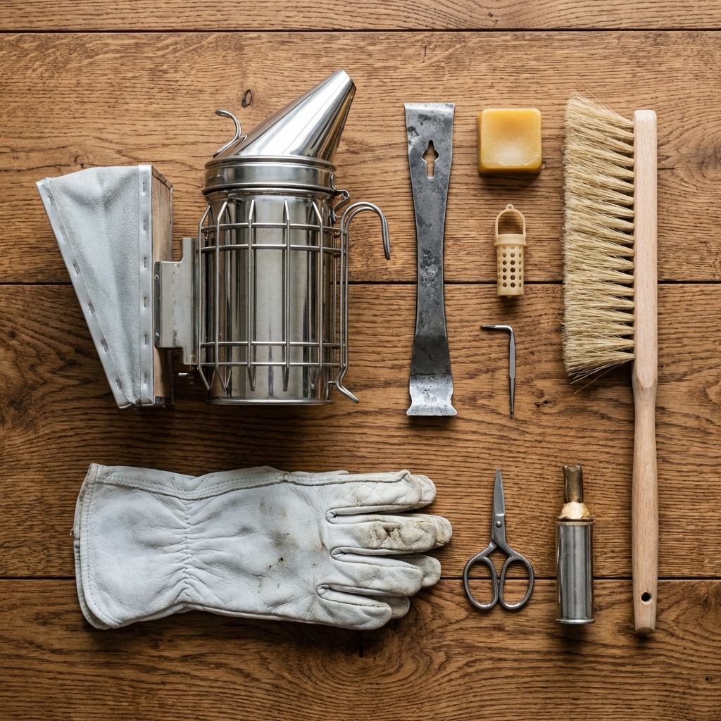 Flat lay of hive tool, smoker, and brush