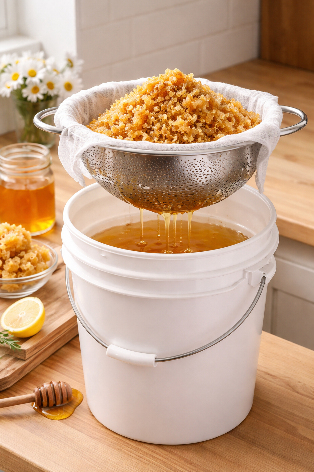 A honey bee foraging on urban flowers with city background
