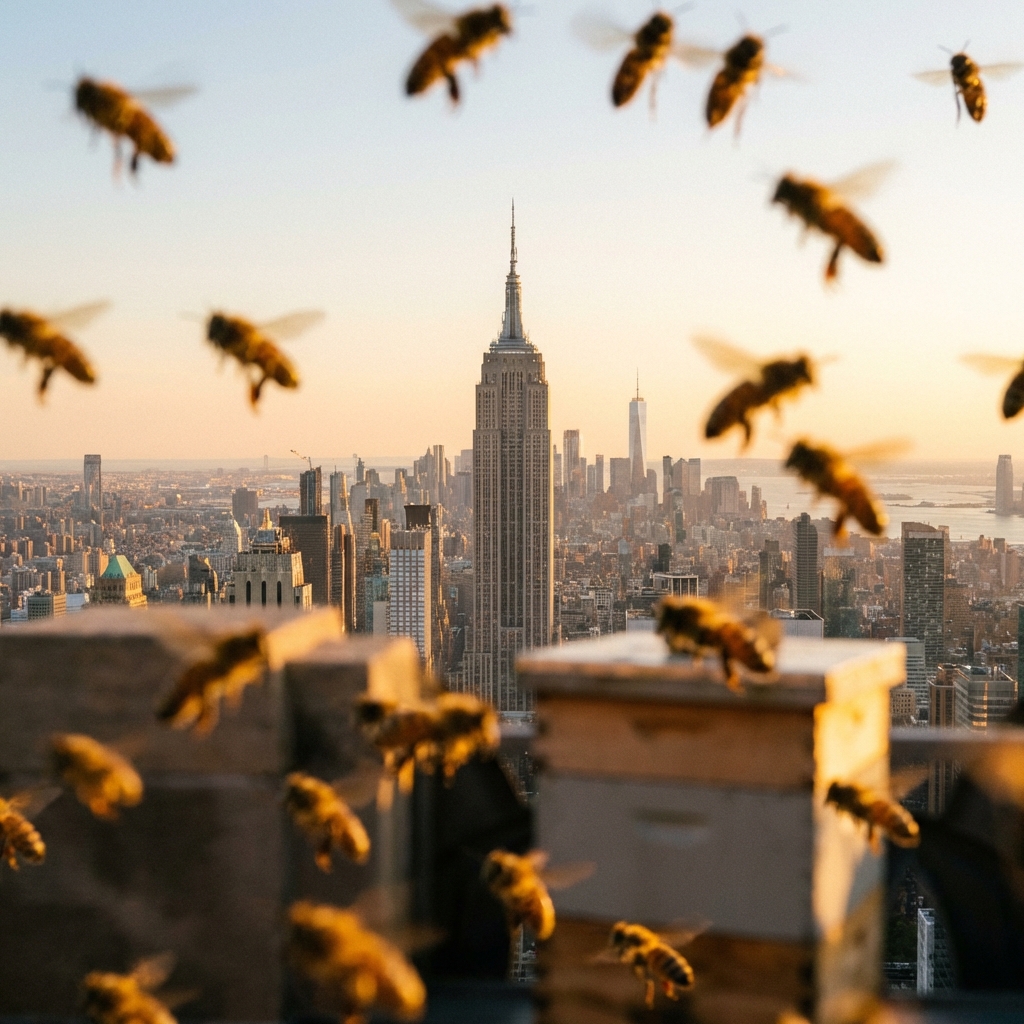 Rooftop hives with NYC skyline