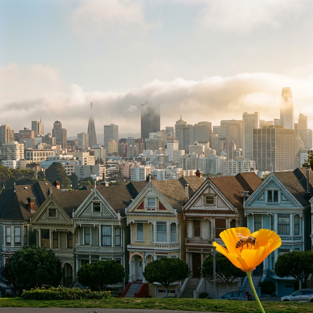 Beehive with Golden Gate bridge in background