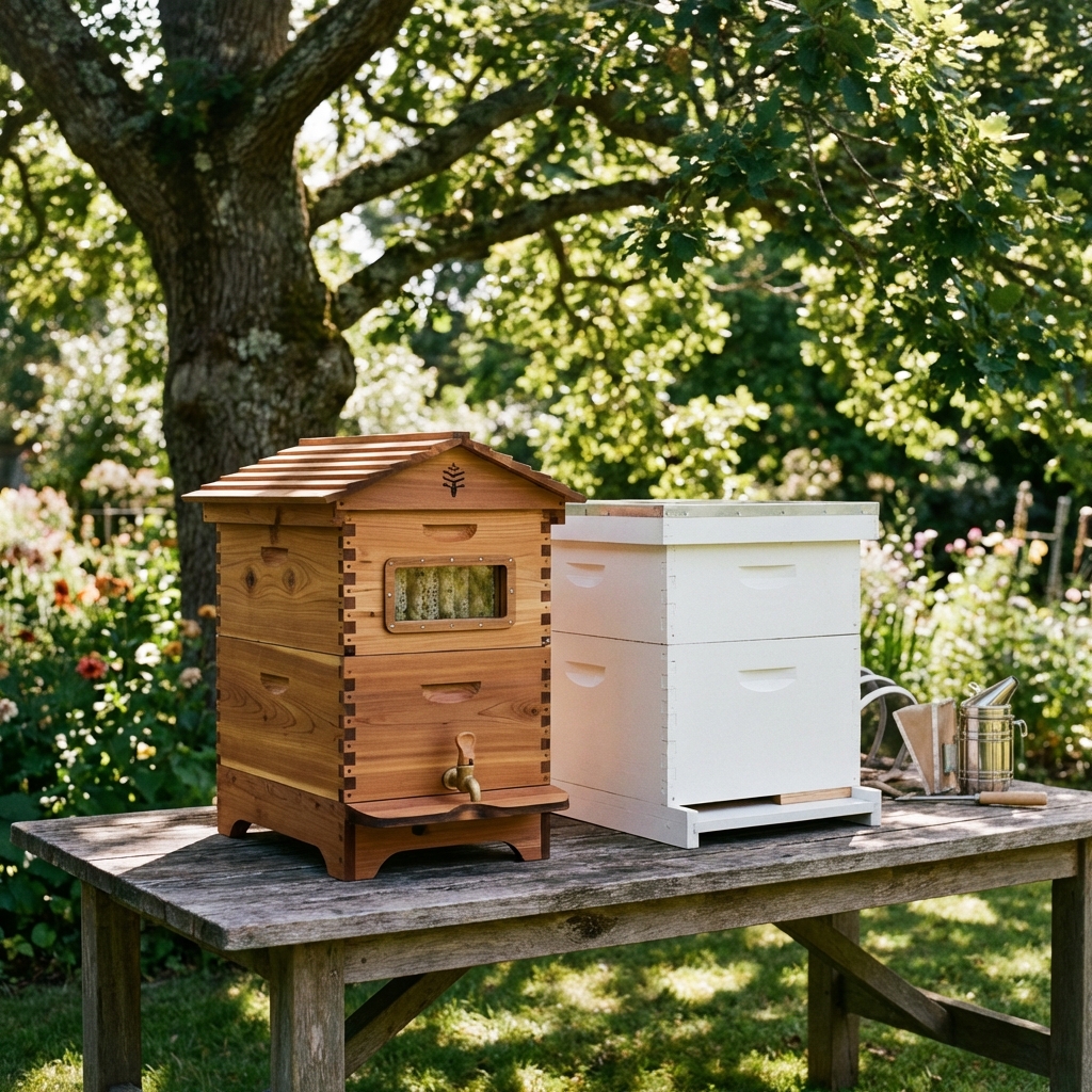 Three different beehives on a wooden deck