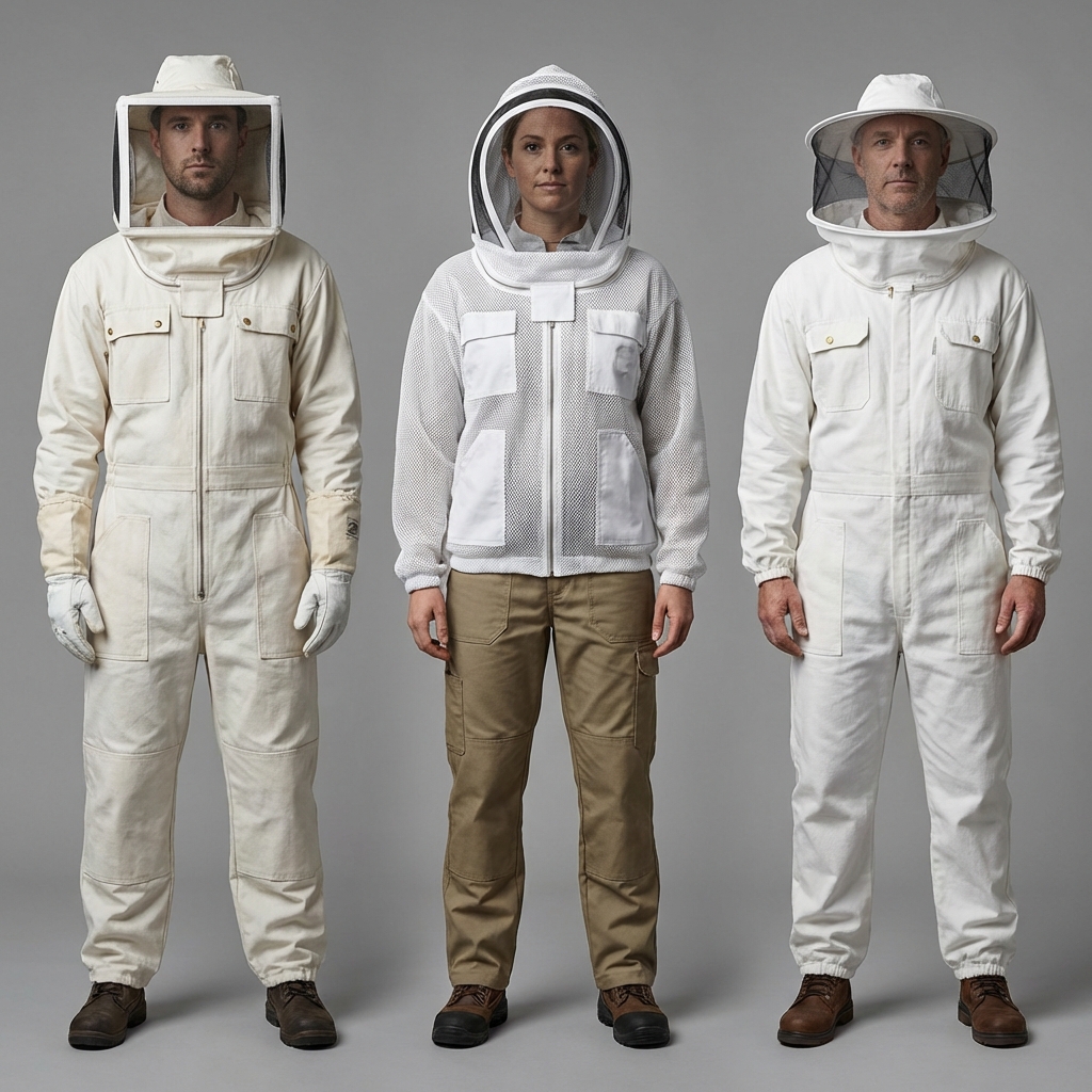 Beekeepers standing in white suits